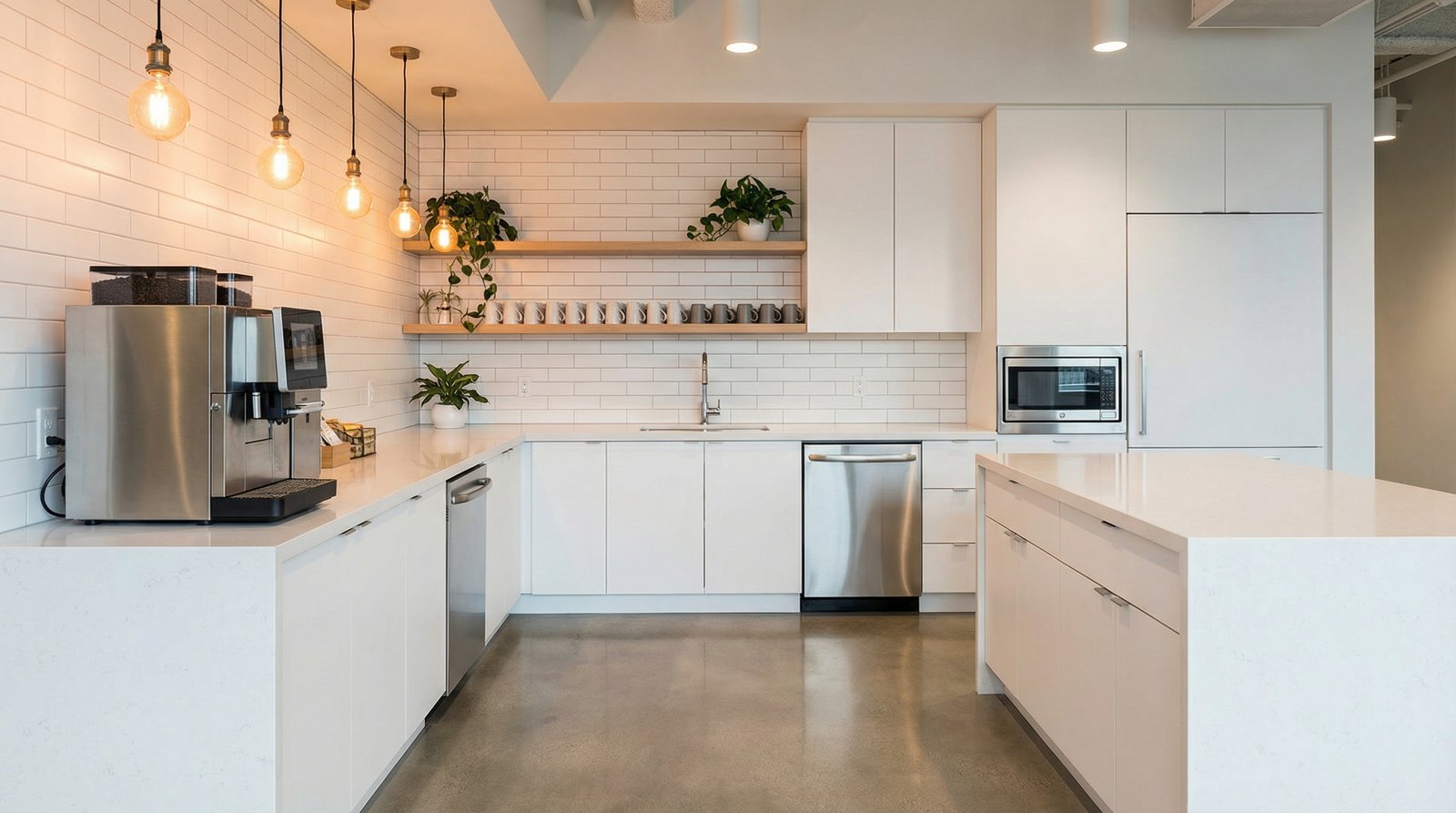 Spotless office break room and kitchenette after commercial cleaning