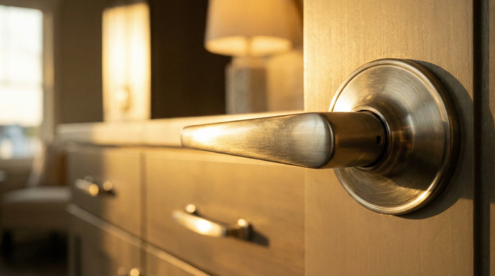 Polished door hardware and fixtures after professional deep cleaning
