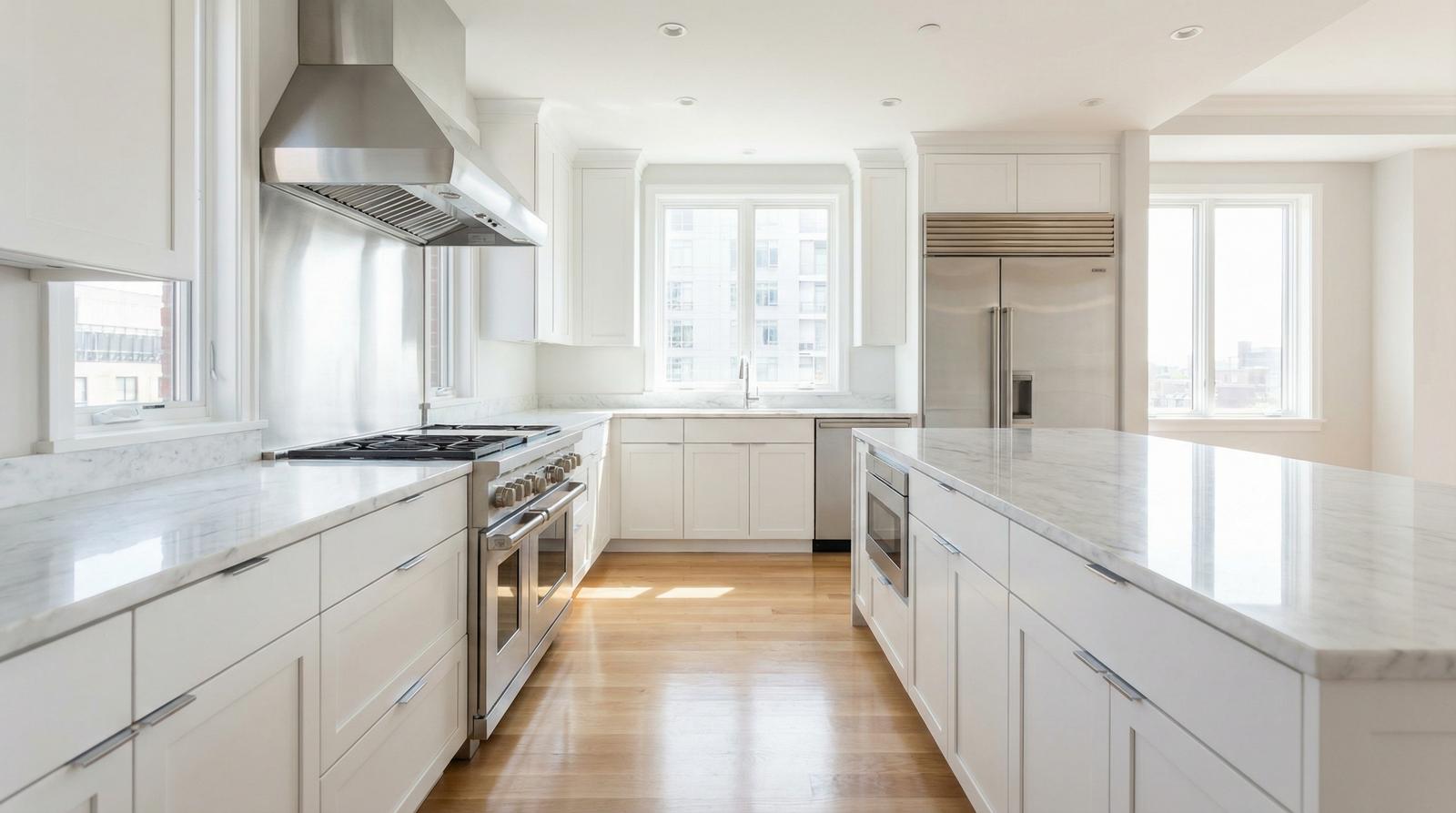 Pristine empty kitchen countertop ready for inspection