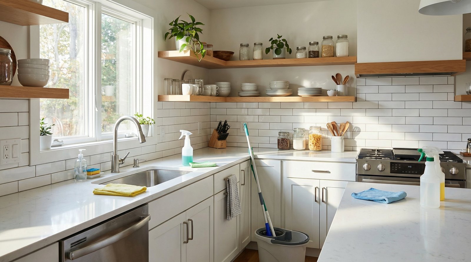 Kitchen being reset to pristine condition during initial deep cleaning