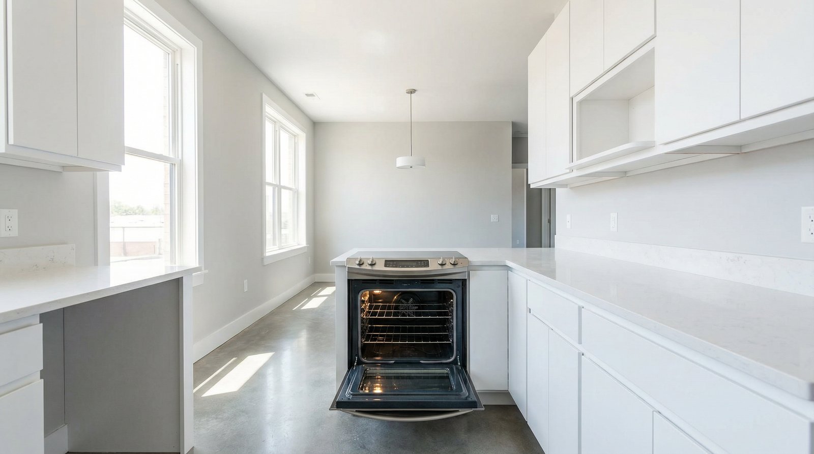Empty apartment kitchen spotlessly clean after move-out cleaning