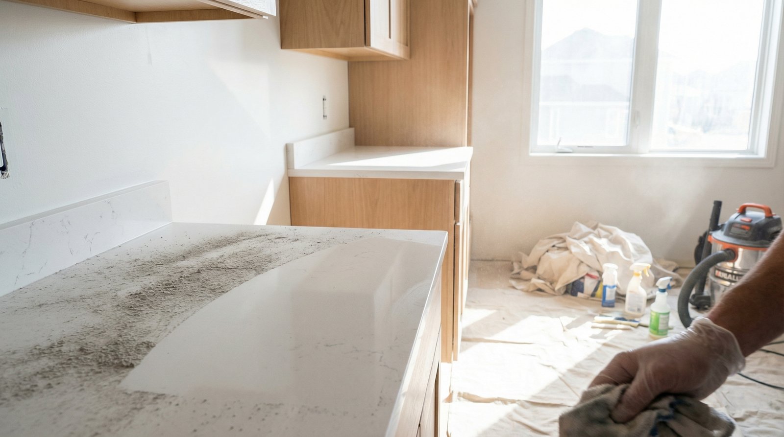 Construction dust being systematically removed from surfaces