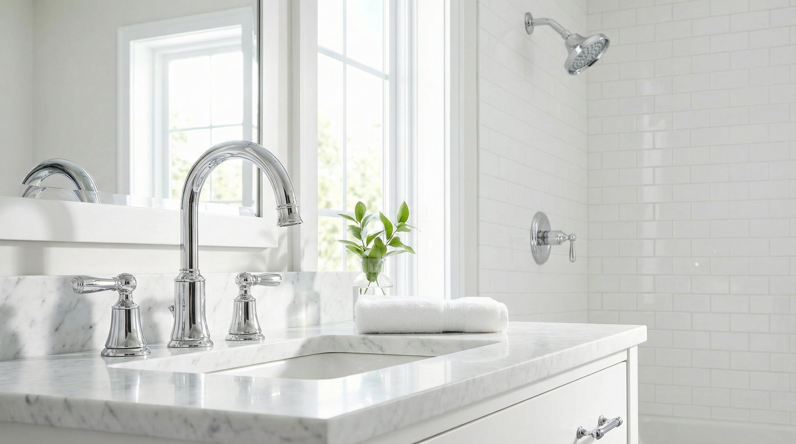 New bathroom fixtures cleaned and polished after construction