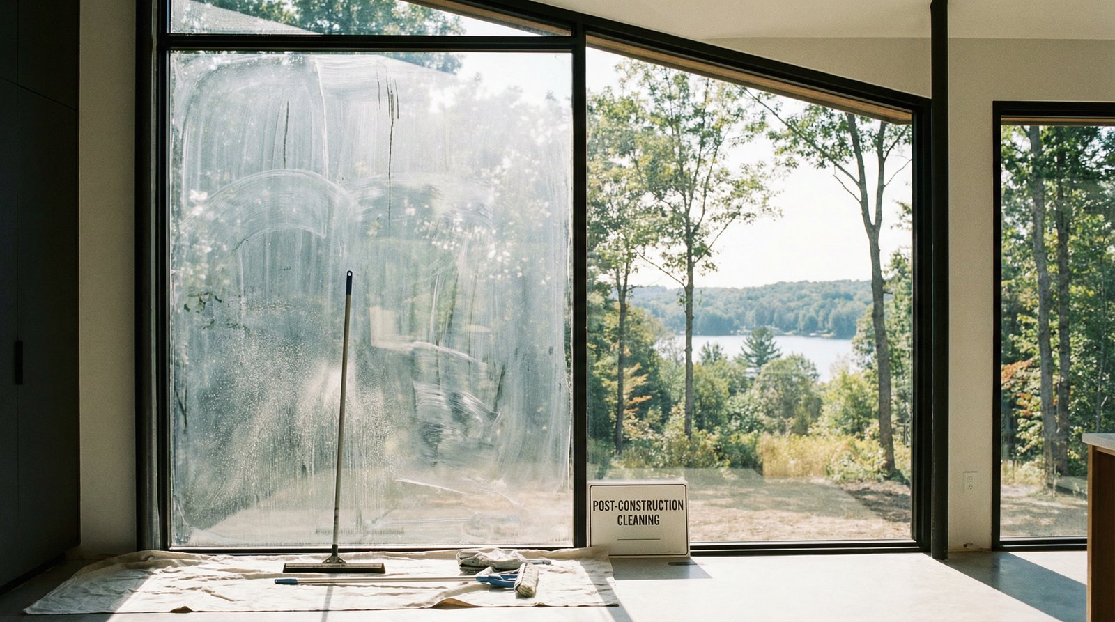 Post-construction window cleaning revealing crystal clear glass