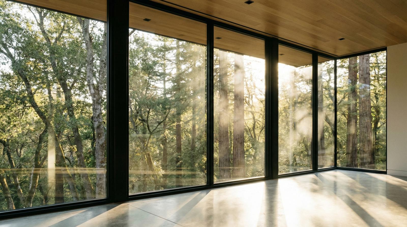 Spotless floor-to-ceiling windows in renovated home with California sunlight