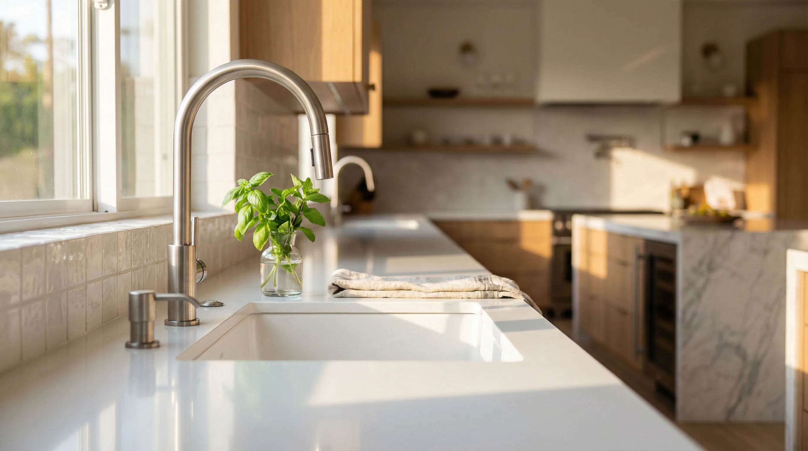 Pristine kitchen countertop maintained through regular cleaning service