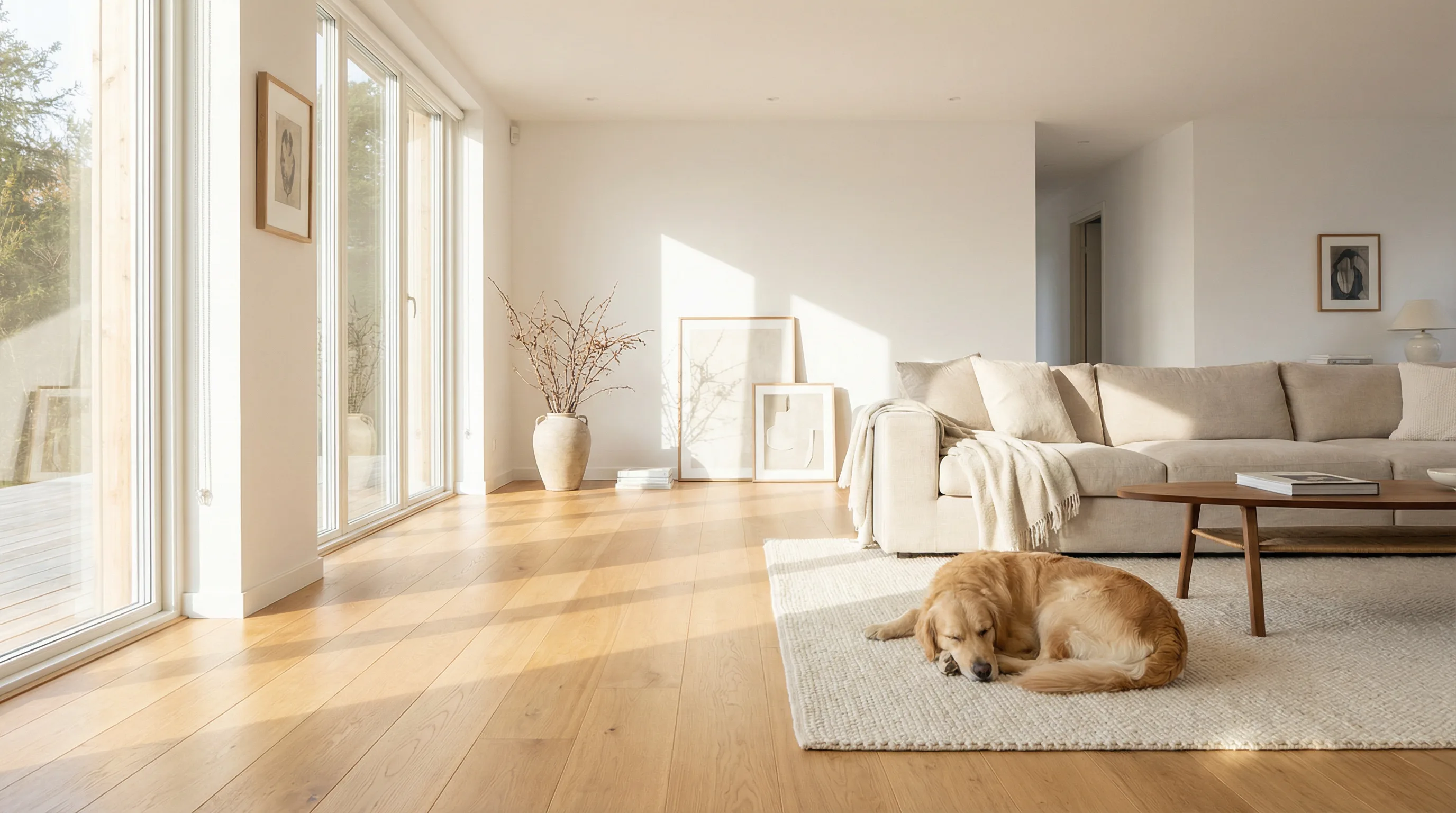 Calm golden retriever resting in a pristine, well-maintained luxury living room