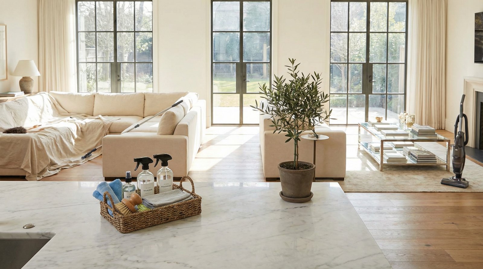 Bright residential living room being reset during initial deep cleaning